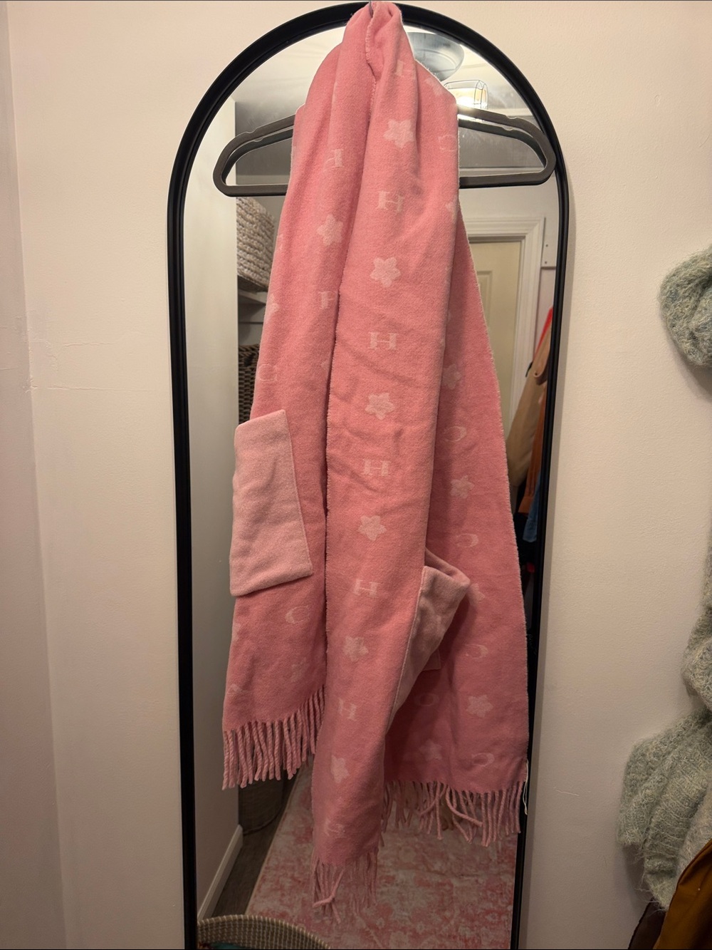 Coach Pink Logo Fringe oversized muffs pocket scarf